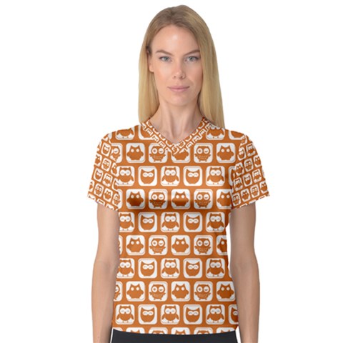 Orange And White Owl Pattern V-neck Sport Mesh Tee by GardenOfOphir