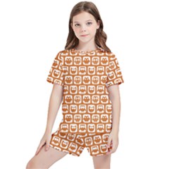 Orange And White Owl Pattern Kids  Tee And Sports Shorts Set by GardenOfOphir