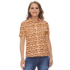 Orange And White Owl Pattern Women s Short Sleeve Double Pocket Shirt