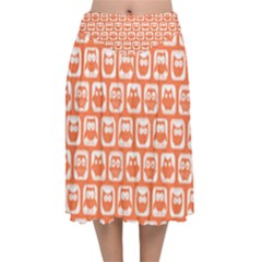 Coral And White Owl Pattern Velvet Flared Midi Skirt by GardenOfOphir