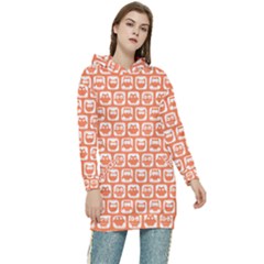 Coral And White Owl Pattern Women s Long Oversized Pullover Hoodie by GardenOfOphir