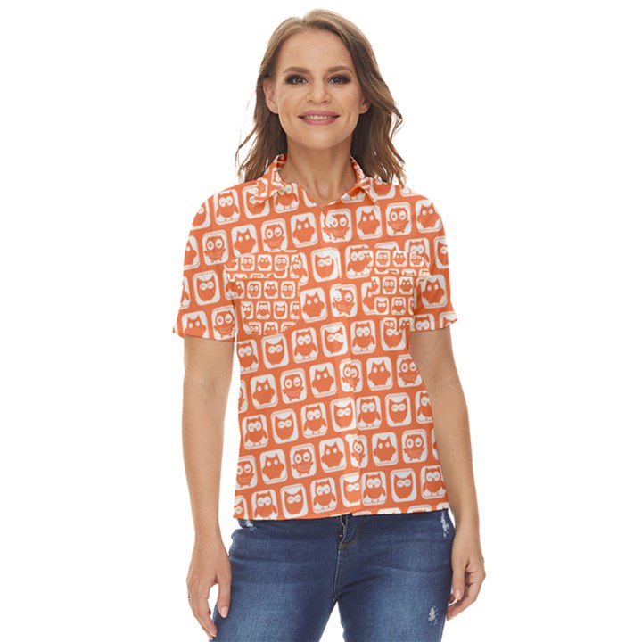 Coral And White Owl Pattern Women s Short Sleeve Double Pocket Shirt