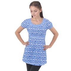 Blue And White Owl Pattern Puff Sleeve Tunic Top by GardenOfOphir