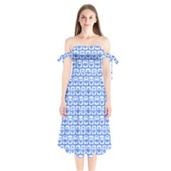 Blue And White Owl Pattern Shoulder Tie Bardot Midi Dress by GardenOfOphir