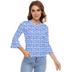Blue And White Owl Pattern Bell Sleeve Top