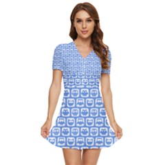 Blue And White Owl Pattern V-neck High Waist Chiffon Mini Dress by GardenOfOphir