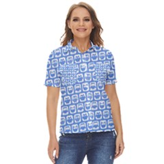 Blue And White Owl Pattern Women s Short Sleeve Double Pocket Shirt