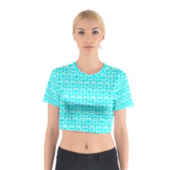 Aqua Turquoise And White Owl Pattern Cotton Crop Top by GardenOfOphir