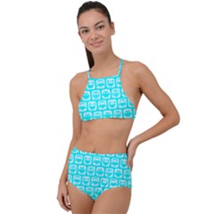 Aqua Turquoise And White Owl Pattern High Waist Tankini Set by GardenOfOphir