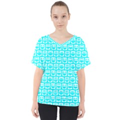 Aqua Turquoise And White Owl Pattern V-neck Dolman Drape Top by GardenOfOphir