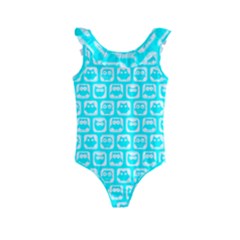 Aqua Turquoise And White Owl Pattern Kids  Frill Swimsuit by GardenOfOphir