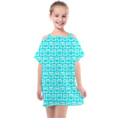 Aqua Turquoise And White Owl Pattern Kids  One Piece Chiffon Dress by GardenOfOphir