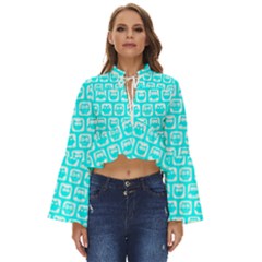 Aqua Turquoise And White Owl Pattern Boho Long Bell Sleeve Top