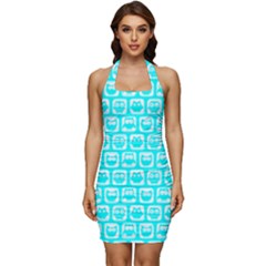 Aqua Turquoise And White Owl Pattern Sleeveless Wide Square Neckline Ruched Bodycon Dress by GardenOfOphir