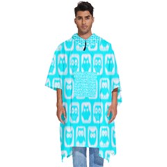 Aqua Turquoise And White Owl Pattern Men s Hooded Rain Ponchos by GardenOfOphir