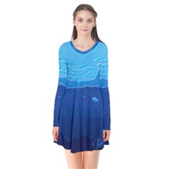 Ai Generated Ocean Sea Fish Underwater Water Long Sleeve V-neck Flare Dress by Ravend