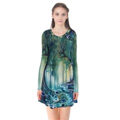 Trees Forest Mystical Forest Nature Long Sleeve V-neck Flare Dress