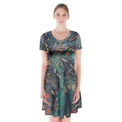 Ai Generated Flower Trees Forest Mystical Forest Short Sleeve V-neck Flare Dress