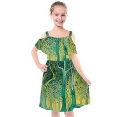 Nature Trees Forest Mystical Forest Jungle Kids  Cut Out Shoulders Chiffon Dress by Ravend