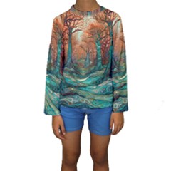 Ai Generated Tree Forest Mystical Forest Nature Kids  Long Sleeve Swimwear by Ravend