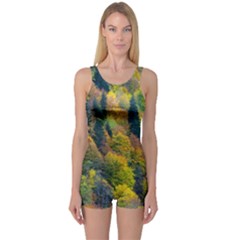 Forest Trees Leaves Fall Autumn Nature Sunshine One Piece Boyleg Swimsuit by Ravend