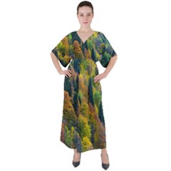 Forest Trees Leaves Fall Autumn Nature Sunshine V-neck Boho Style Maxi Dress