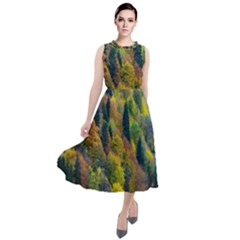 Forest Trees Leaves Fall Autumn Nature Sunshine Round Neck Boho Dress by Ravend