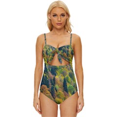 Forest Trees Leaves Fall Autumn Nature Sunshine Knot Front One-piece Swimsuit by Ravend