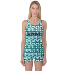 Teal And White Owl Pattern One Piece Boyleg Swimsuit by GardenOfOphir