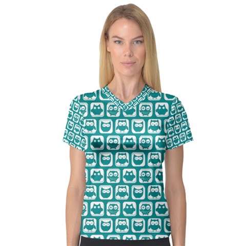 Teal And White Owl Pattern V-neck Sport Mesh Tee by GardenOfOphir