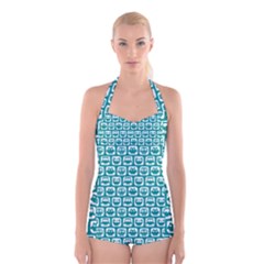 Teal And White Owl Pattern Boyleg Halter Swimsuit 