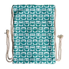 Teal And White Owl Pattern Drawstring Bag (large) by GardenOfOphir