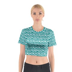 Teal And White Owl Pattern Cotton Crop Top