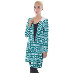 Teal And White Owl Pattern Hooded Pocket Cardigan by GardenOfOphir