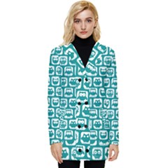 Teal And White Owl Pattern Button Up Hooded Coat  by GardenOfOphir