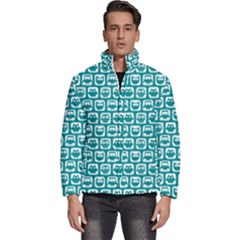 Teal And White Owl Pattern Men s Puffer Bubble Jacket Coat by GardenOfOphir