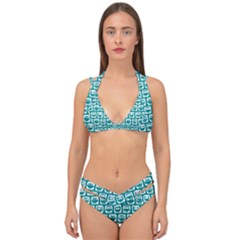 Teal And White Owl Pattern Double Strap Halter Bikini Set by GardenOfOphir