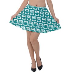 Teal And White Owl Pattern Velvet Skater Skirt by GardenOfOphir