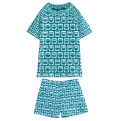 Teal And White Owl Pattern Kids  Swim Tee And Shorts Set by GardenOfOphir