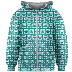 Teal And White Owl Pattern Kids  Zipper Hoodie Without Drawstring by GardenOfOphir