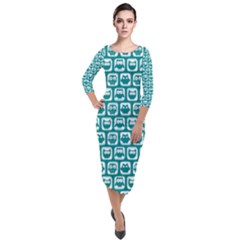 Teal And White Owl Pattern Quarter Sleeve Midi Velour Bodycon Dress by GardenOfOphir