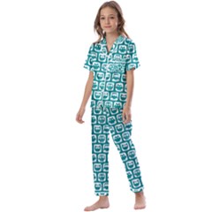 Teal And White Owl Pattern Kids  Satin Short Sleeve Pajamas Set by GardenOfOphir