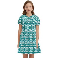 Teal And White Owl Pattern Kids  Bow Tie Puff Sleeve Dress by GardenOfOphir