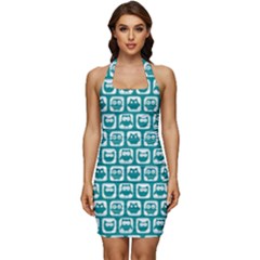Teal And White Owl Pattern Sleeveless Wide Square Neckline Ruched Bodycon Dress