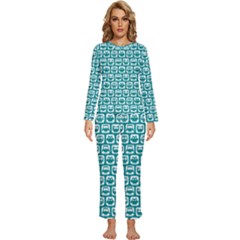 Teal And White Owl Pattern Womens  Long Sleeve Lightweight Pajamas Set