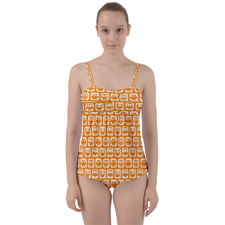 Yellow And White Owl Pattern Twist Front Tankini Set