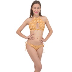 Yellow And White Owl Pattern Cross Front Halter Bikini Set by GardenOfOphir