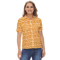 Yellow And White Owl Pattern Women s Short Sleeve Double Pocket Shirt