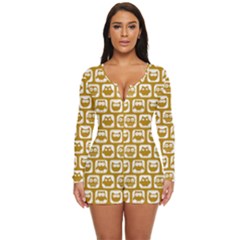 Olive And White Owl Pattern Long Sleeve Boyleg Swimsuit