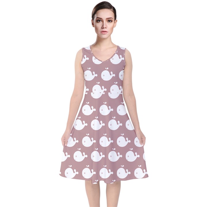 Cute Whale Illustration Pattern V-Neck Midi Sleeveless Dress 